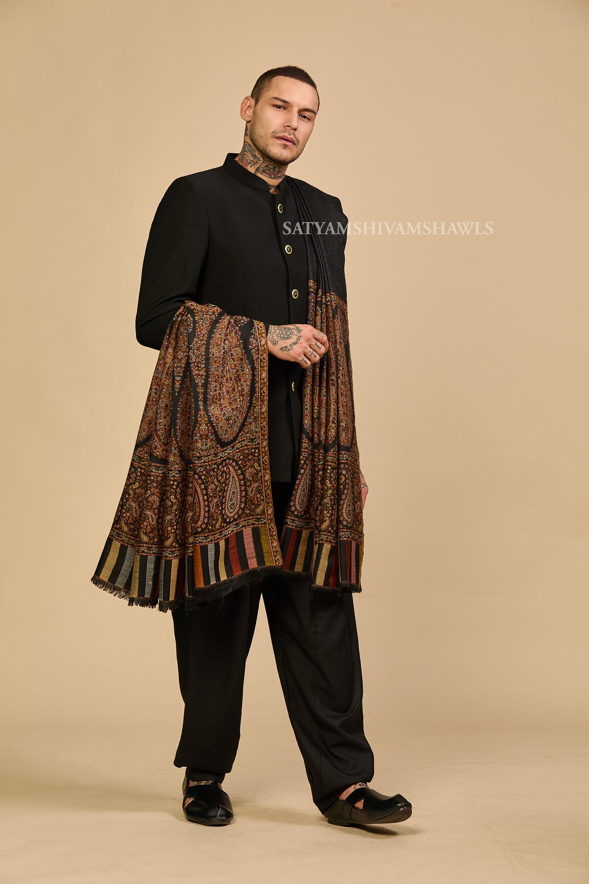 Extra Fine Wool Pashmina Kani Palla Gents Shawl Big Size