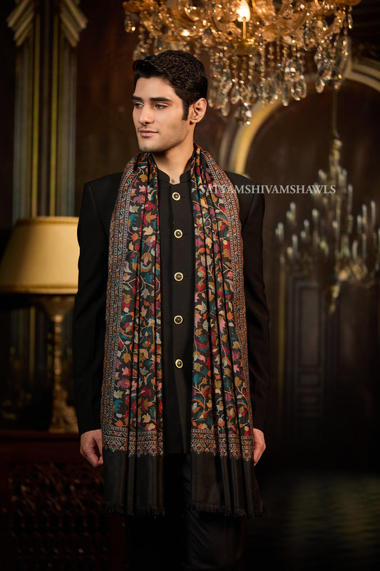 ROYAL VINTAGE KASHMIRI KANI DESIGN MENS ,STOLE,BLACK