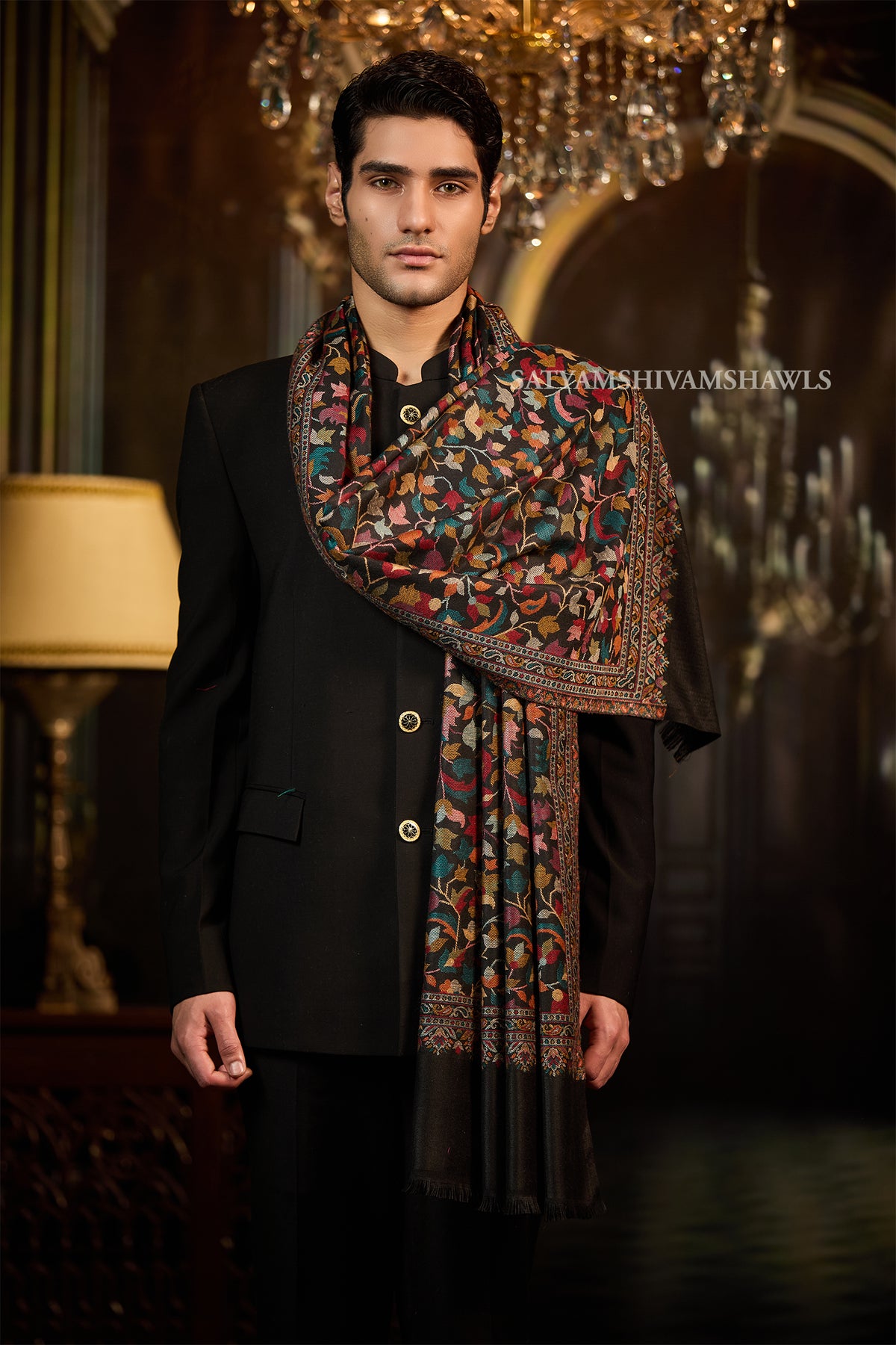 ROYAL VINTAGE KASHMIRI KANI DESIGN MENS ,STOLE,BLACK