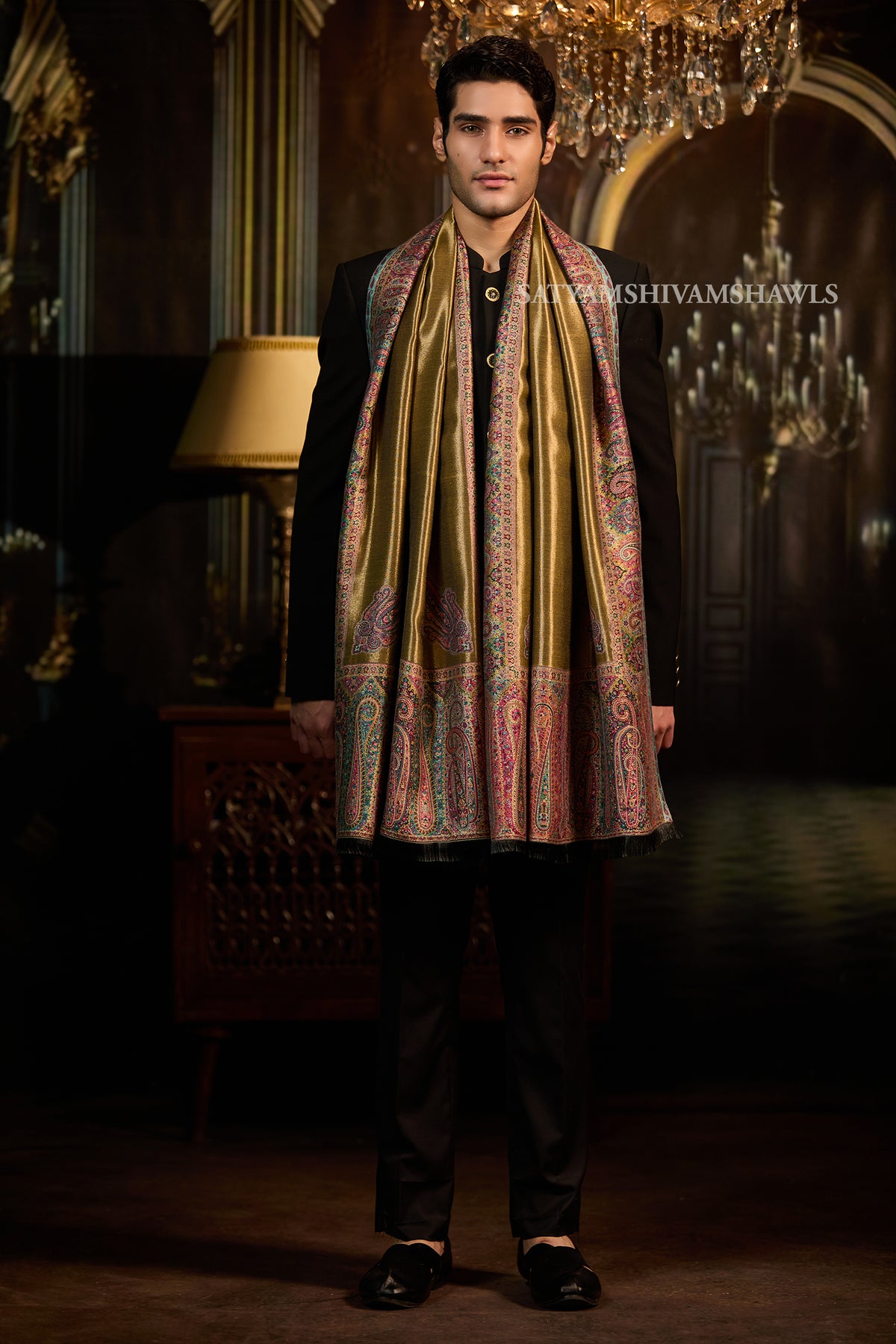 Golden Kashmiri Royal Border Stole