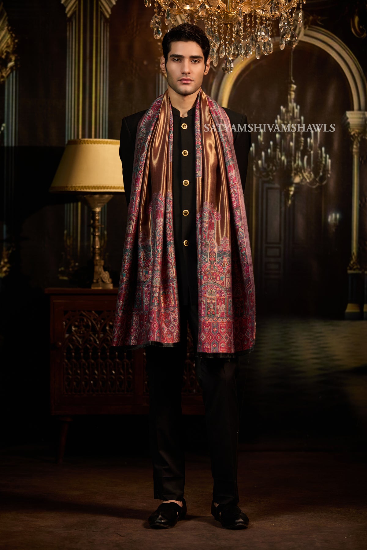 Golden Kashmiri Royal Border Men Stole