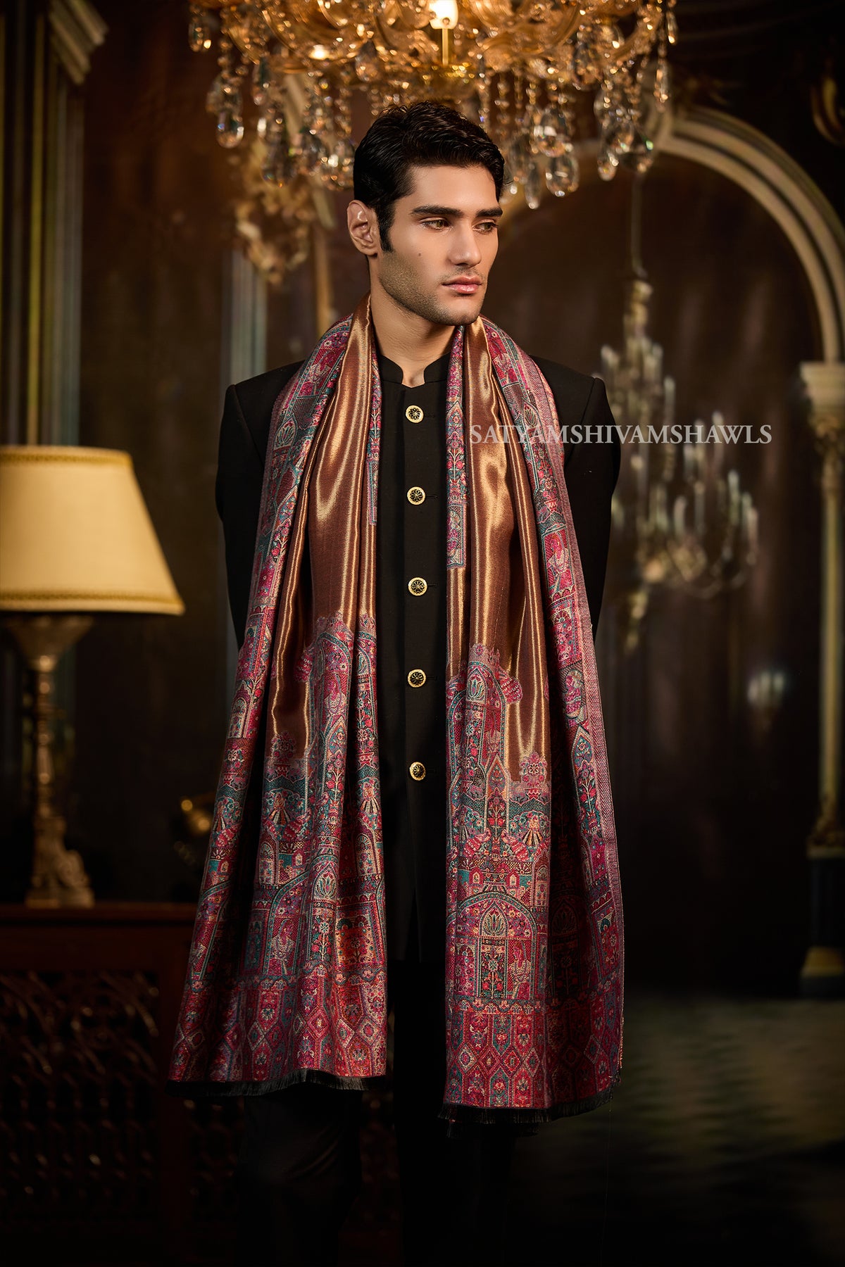 Golden Kashmiri Royal Border Men Stole