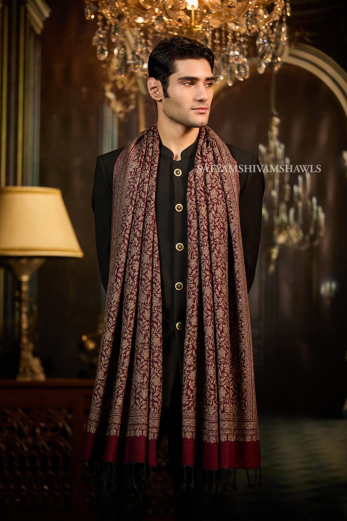 Midnight Gold Zari Weaved Reversible Men Stole