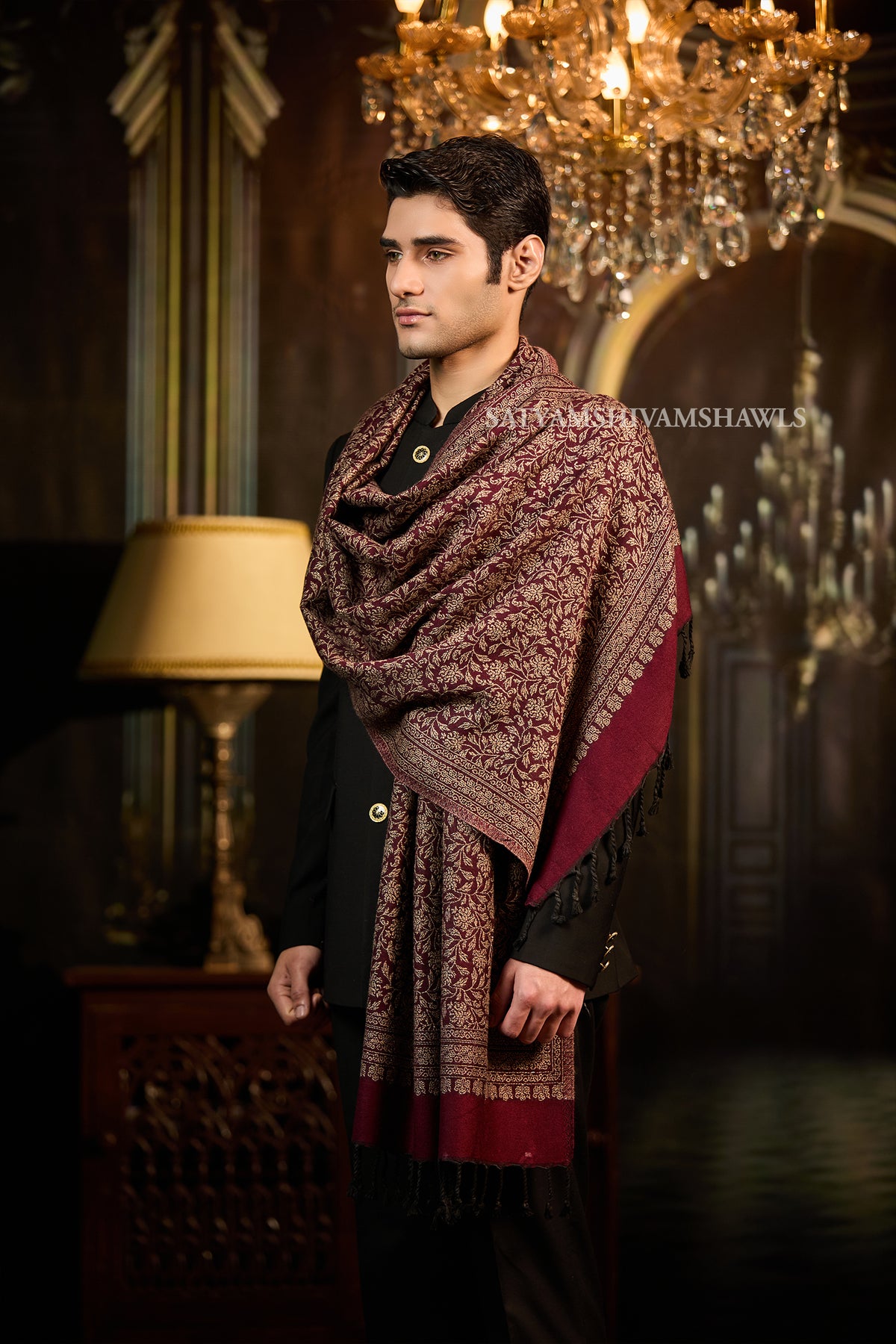 Midnight Gold Zari Weaved Reversible Men Stole