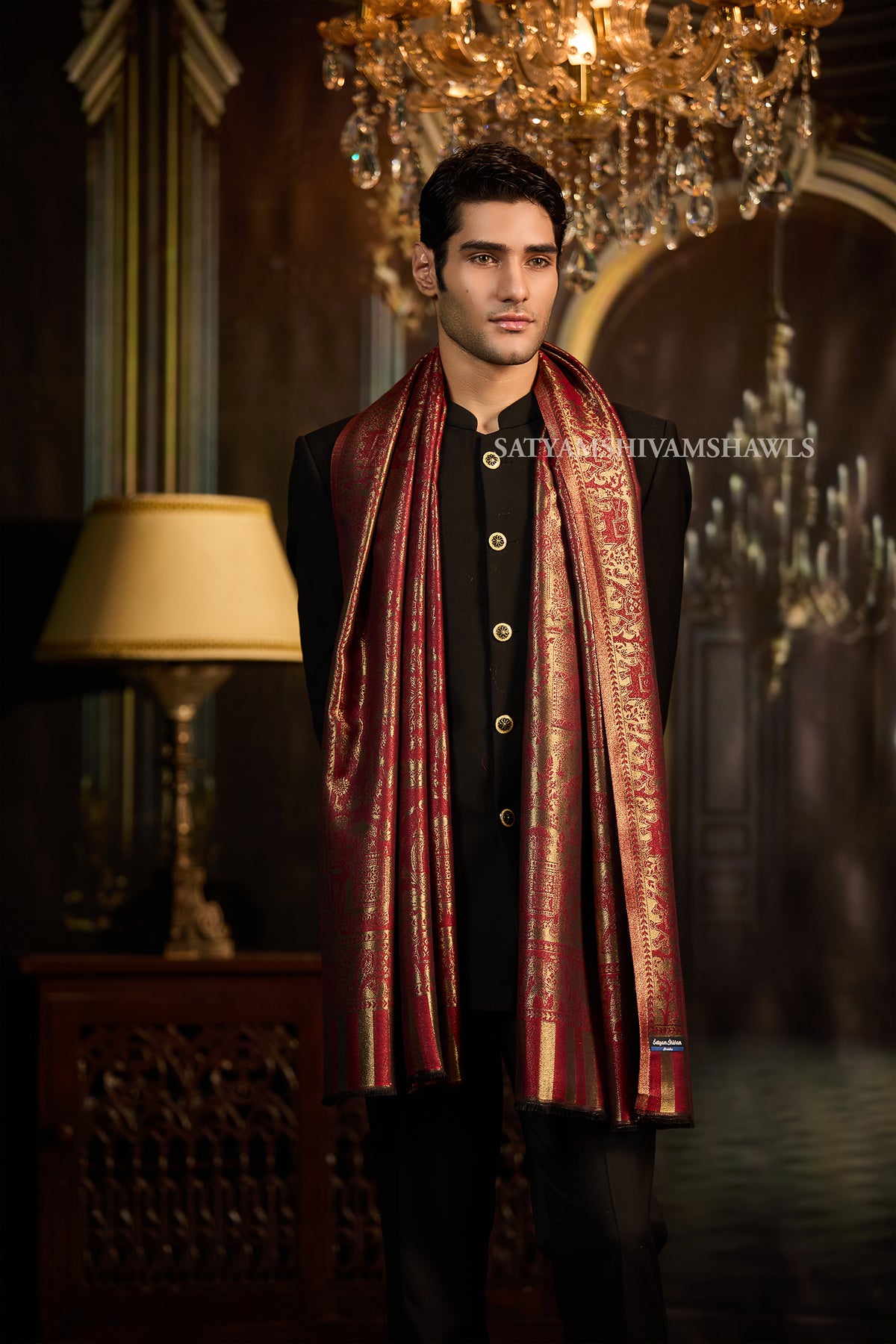 Moonlight Crimson Gold  Reversible Stole