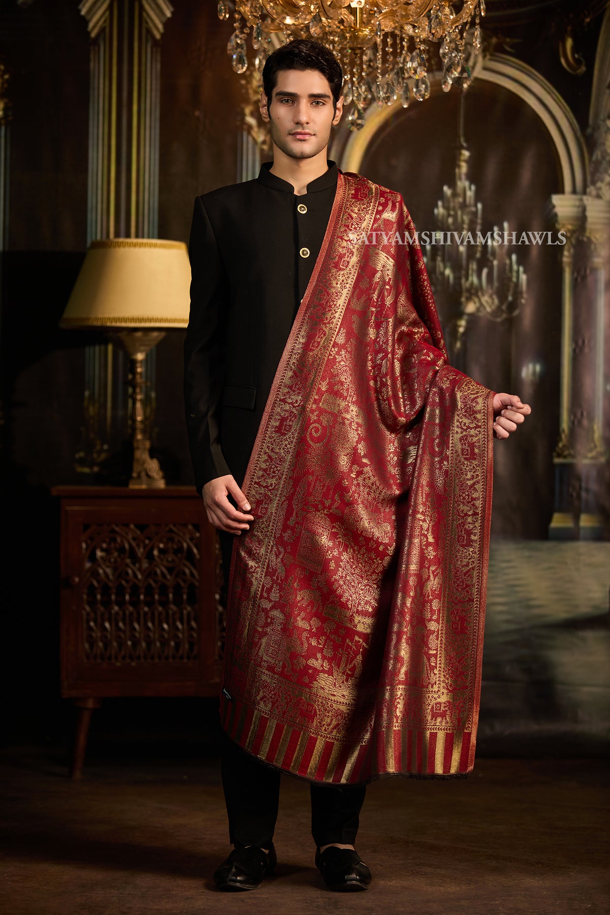 Moonlight Crimson Gold  Reversible Stole