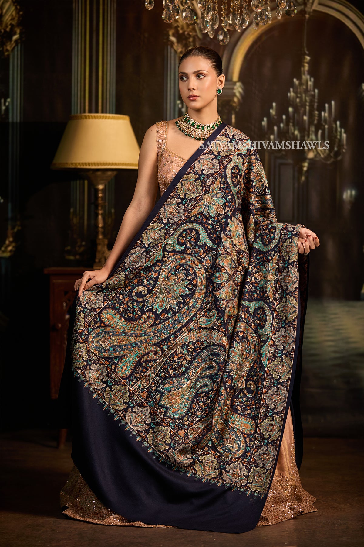 womens extra fine wool shawl hand zari embroidered shawl
