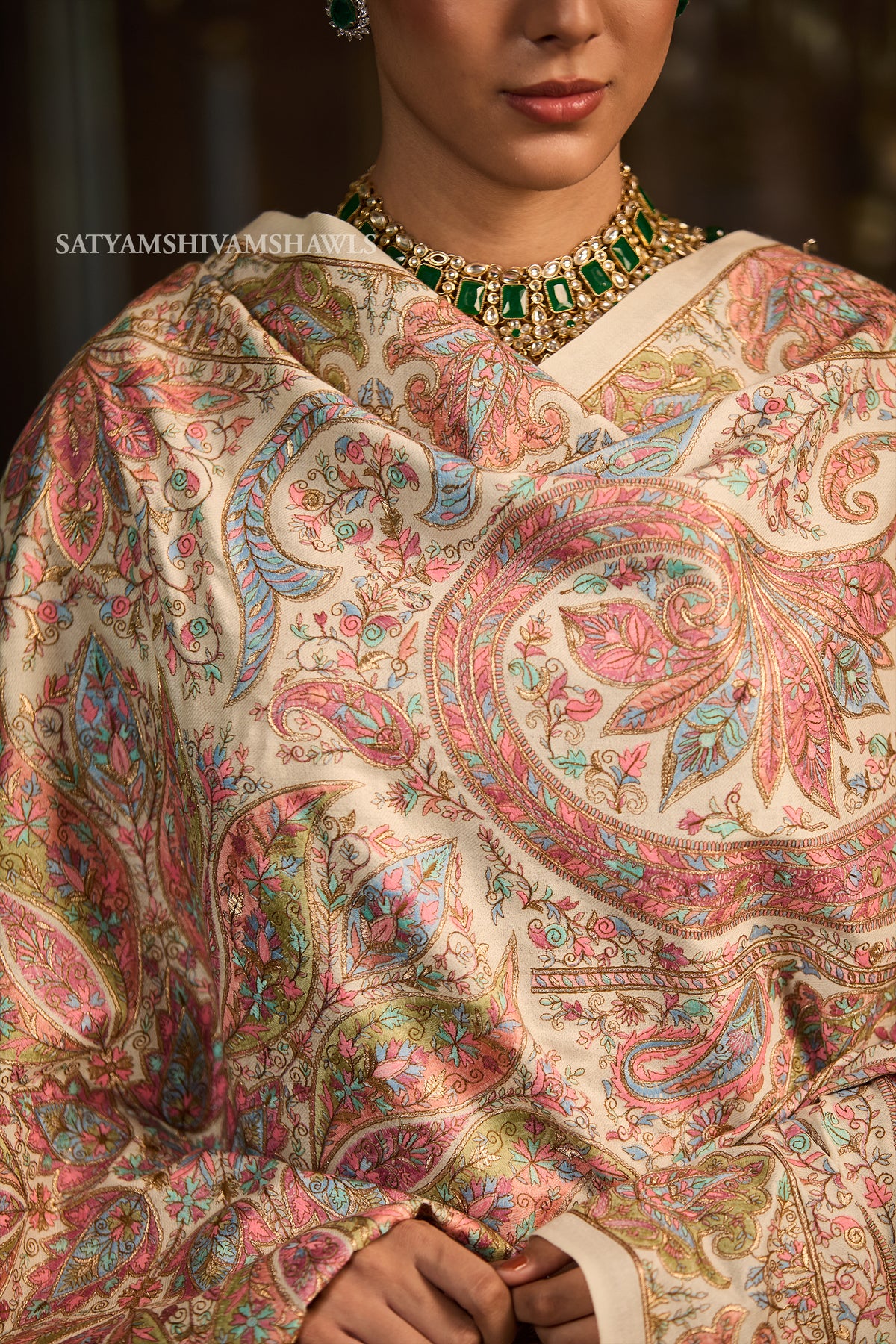 womens extra fine wool shawl hand zari embroidered shawl
