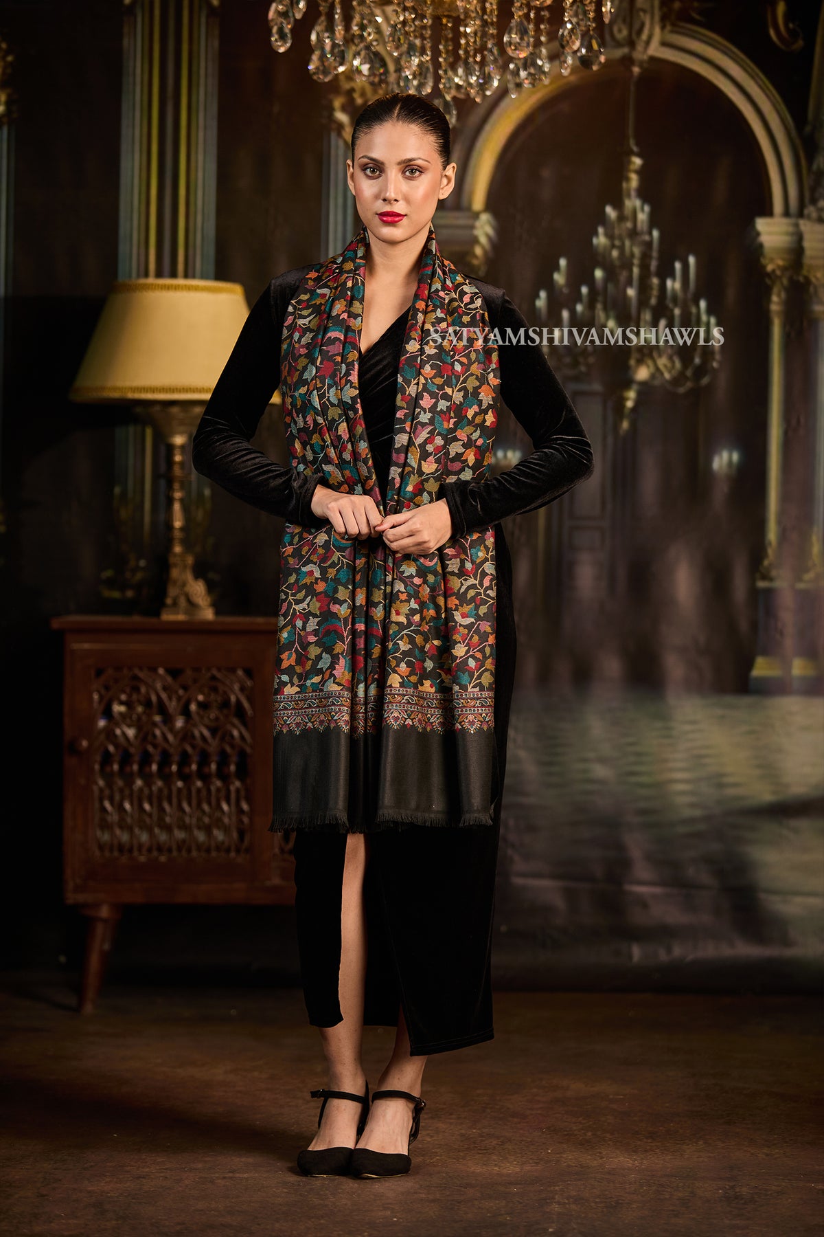 Midnight Floral Symphony Women Stole