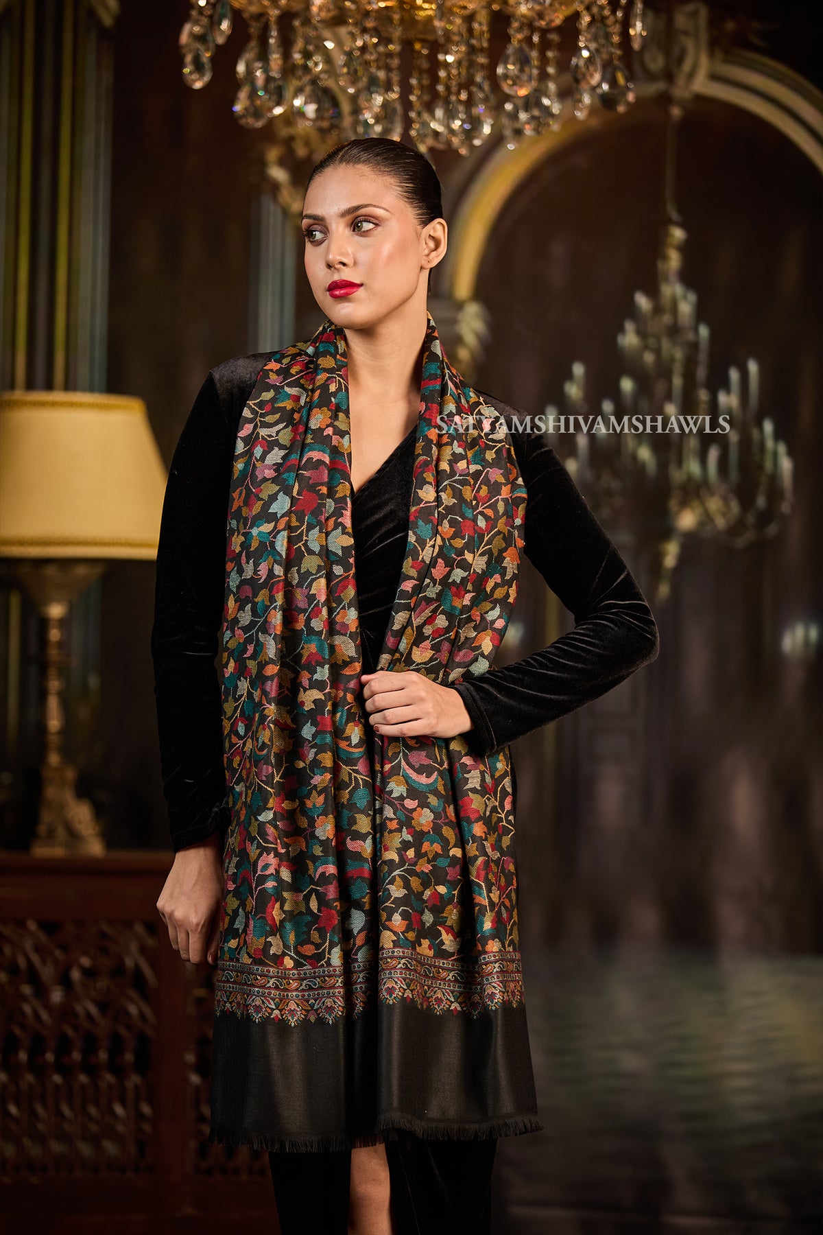 Midnight Floral Symphony Women Stole