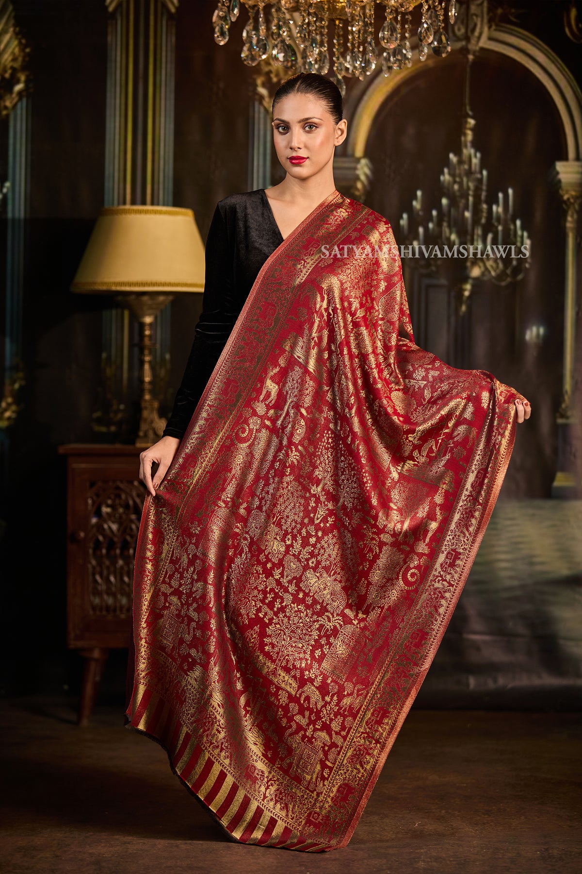 Moonlight Crimson Gold  Reversible Stole