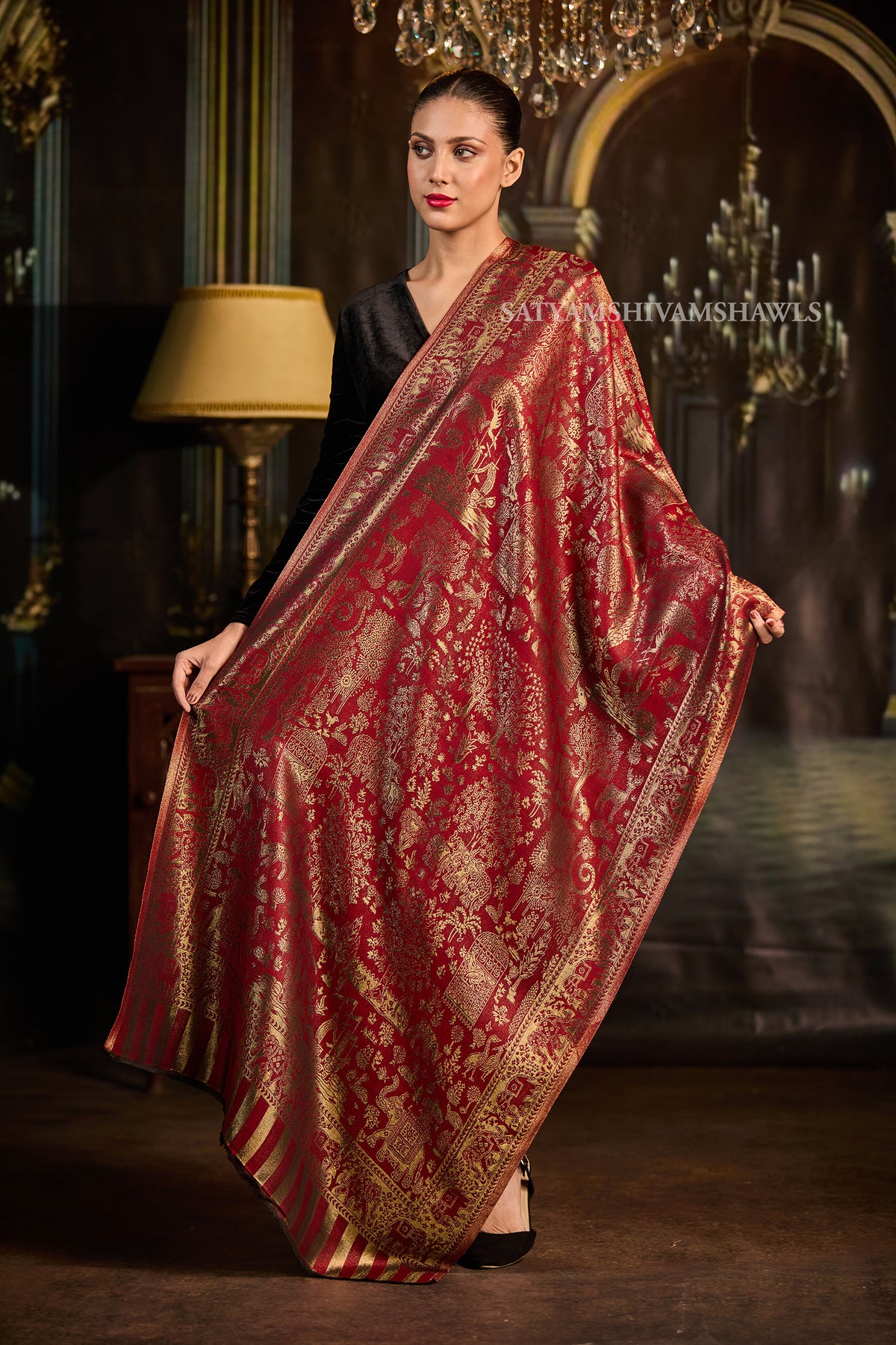 Moonlight Crimson Gold  Reversible Stole