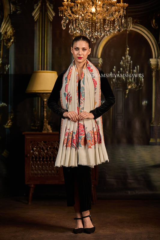 fine wool pashmina kani multi flower border design shawls