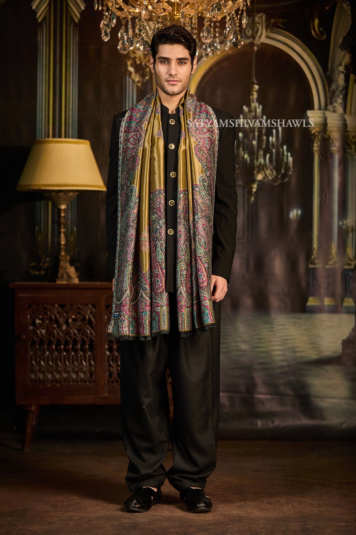 Golden Kashmiri Royal Border Men Stole