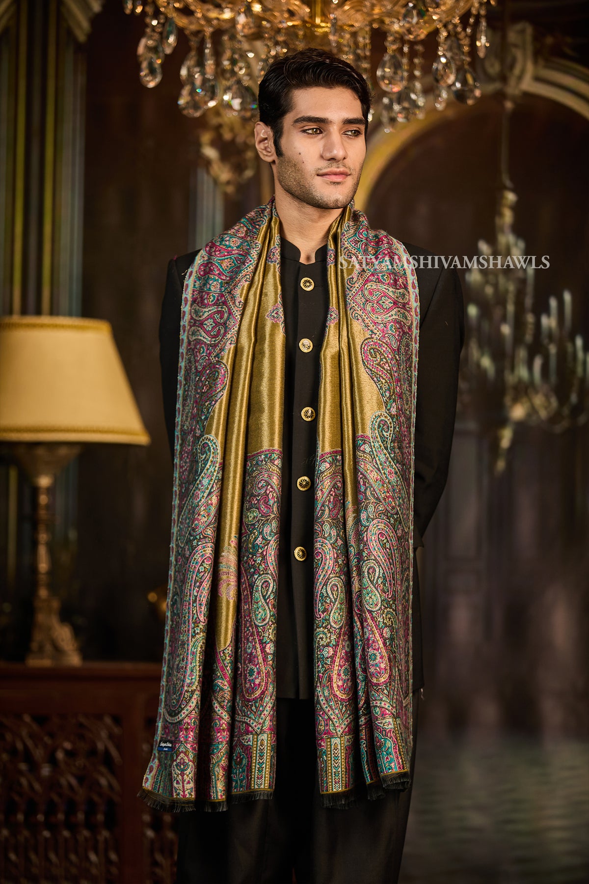 Golden Kashmiri Royal Border Men Stole
