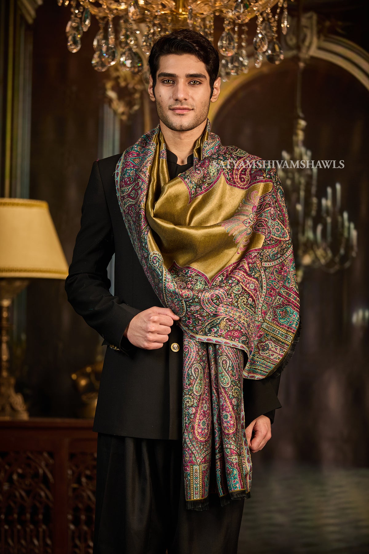 Golden Kashmiri Royal Border Men Stole