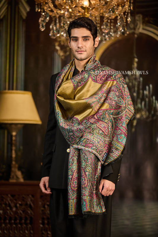 Golden Kashmiri Royal Border Men Stole
