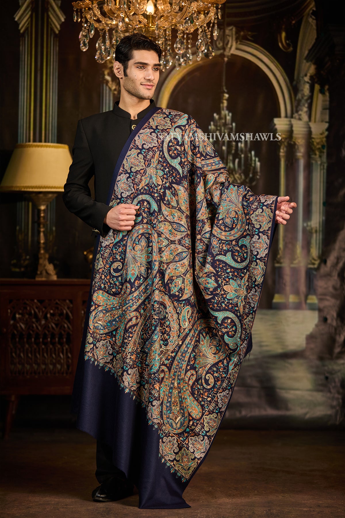 Mens extra fine wool shawl hand zari embroidered shawl