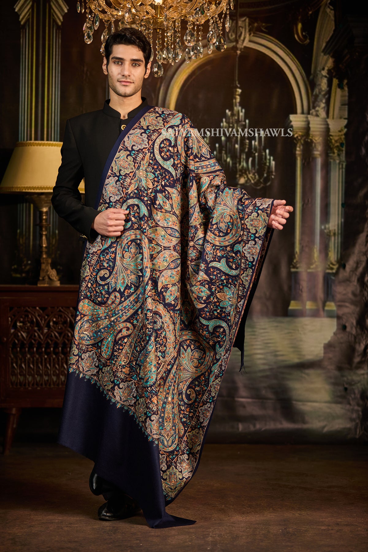 Mens extra fine wool shawl hand zari embroidered shawl