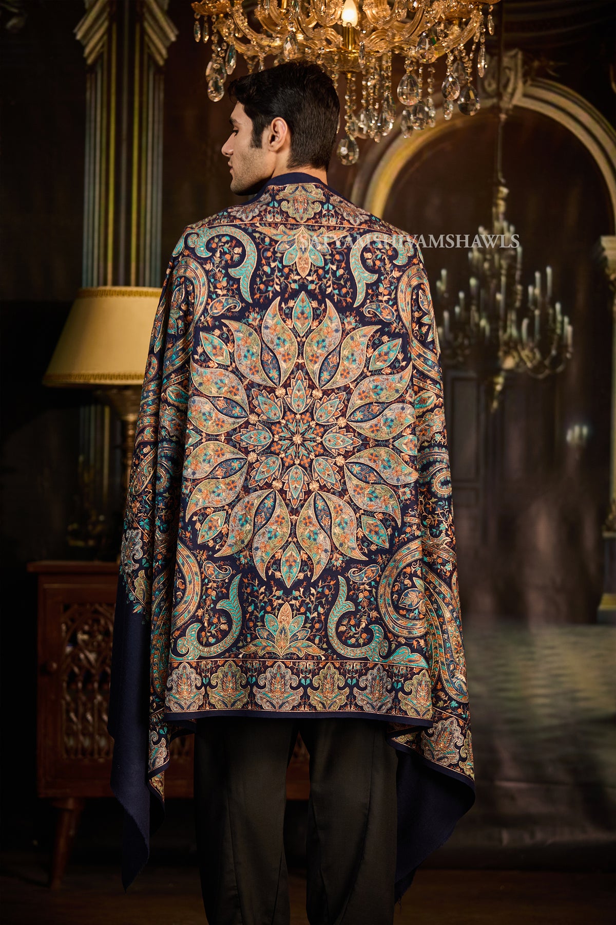 Mens extra fine wool shawl hand zari embroidered shawl