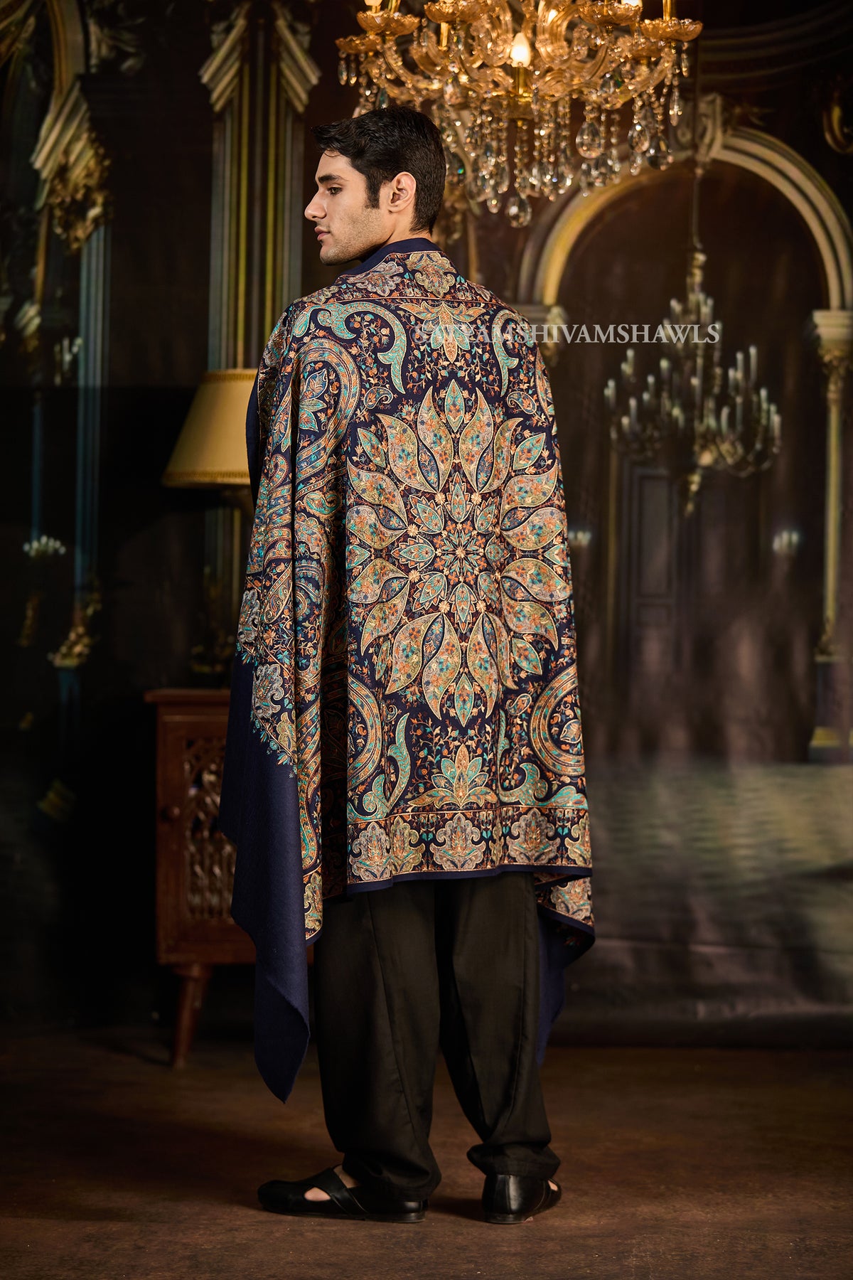 Mens extra fine wool shawl hand zari embroidered shawl