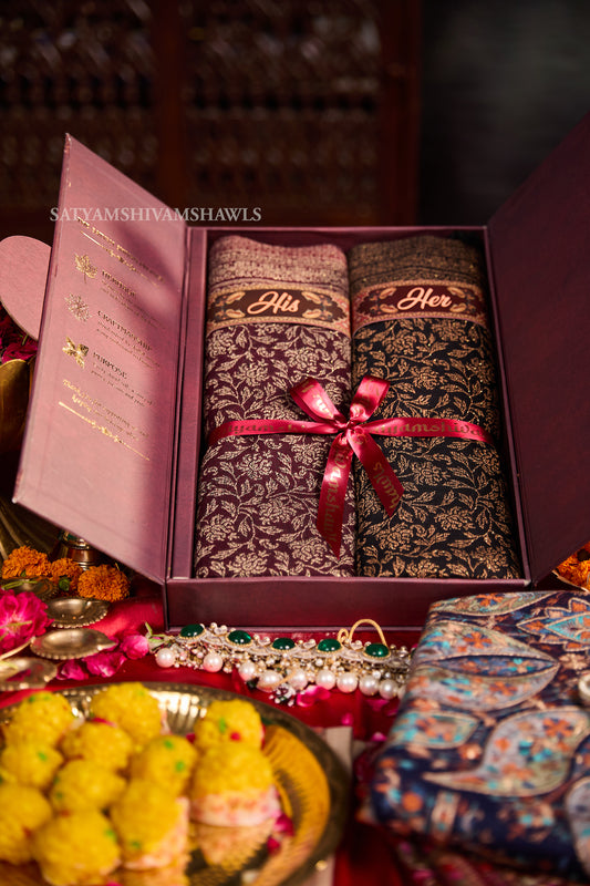 His & Her gift box (men check stole & womens kani shawl )with premium box packaging