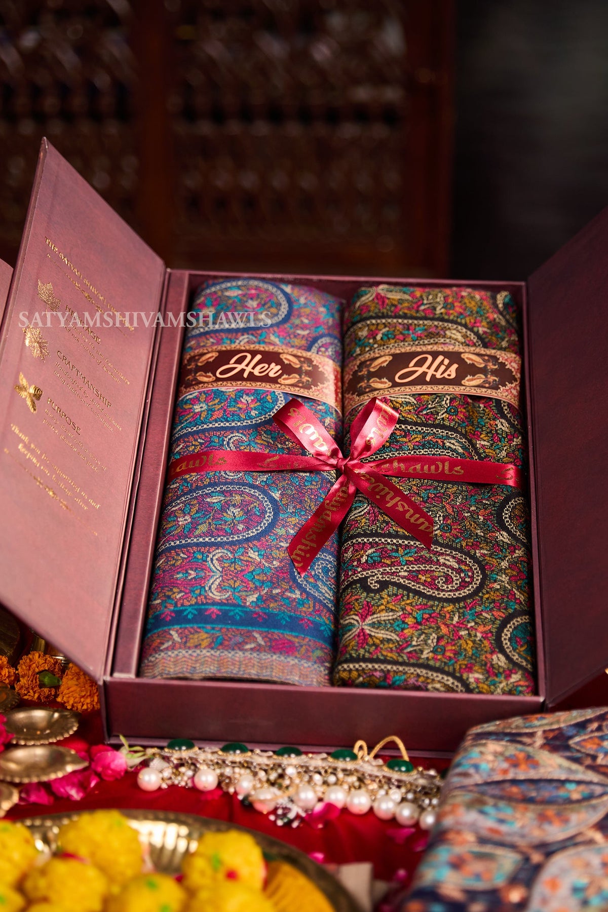 His & Her gift box (men check stole & womens kani shawl )with premium box packaging