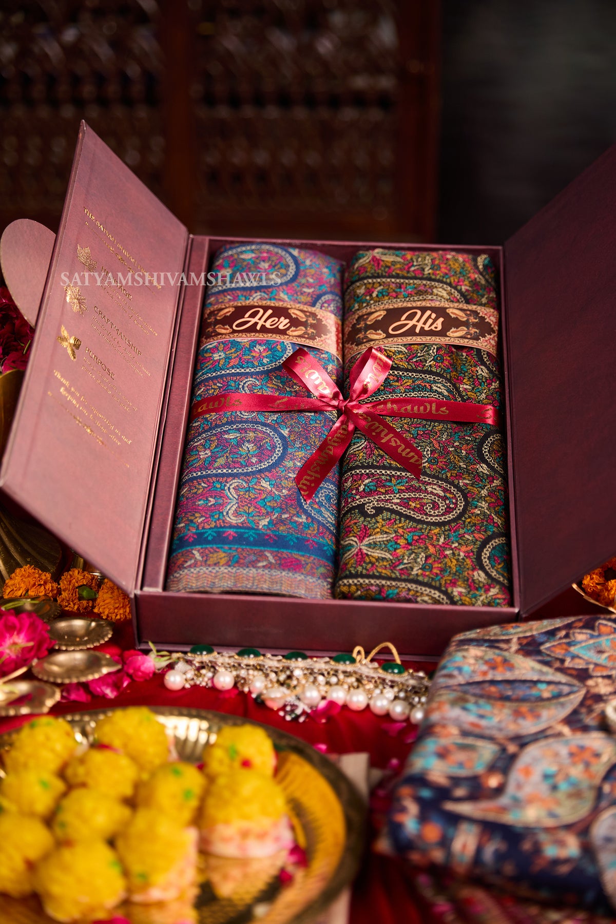 His & Her gift box (men check stole & womens kani shawl )with premium box packaging