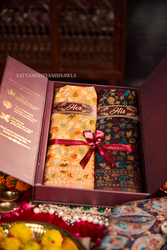 His & Her gift box (men check stole & womens kani shawl )with premium box packaging
