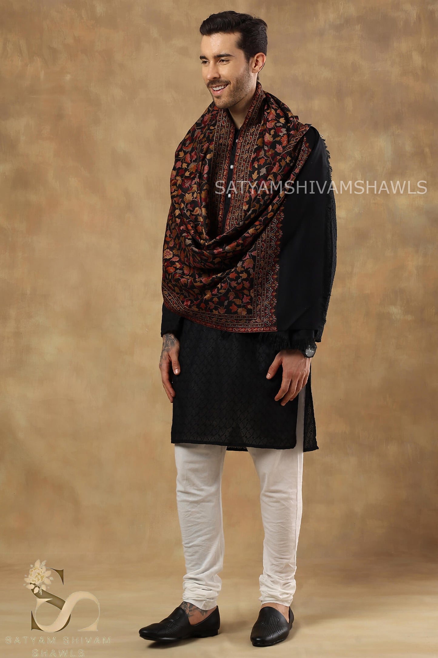 ROYAL VINTAGE KASHMIRI KANI DESIGN MENS ,STOLE,BLACK