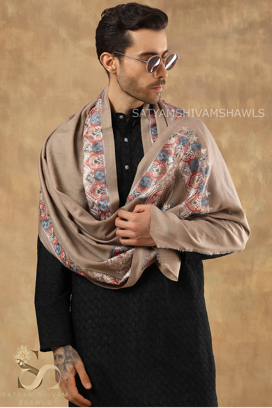 VINTAGE KASHMIRI BORDER KUNJ MENS ,STOLE,TOOSH COLOUR