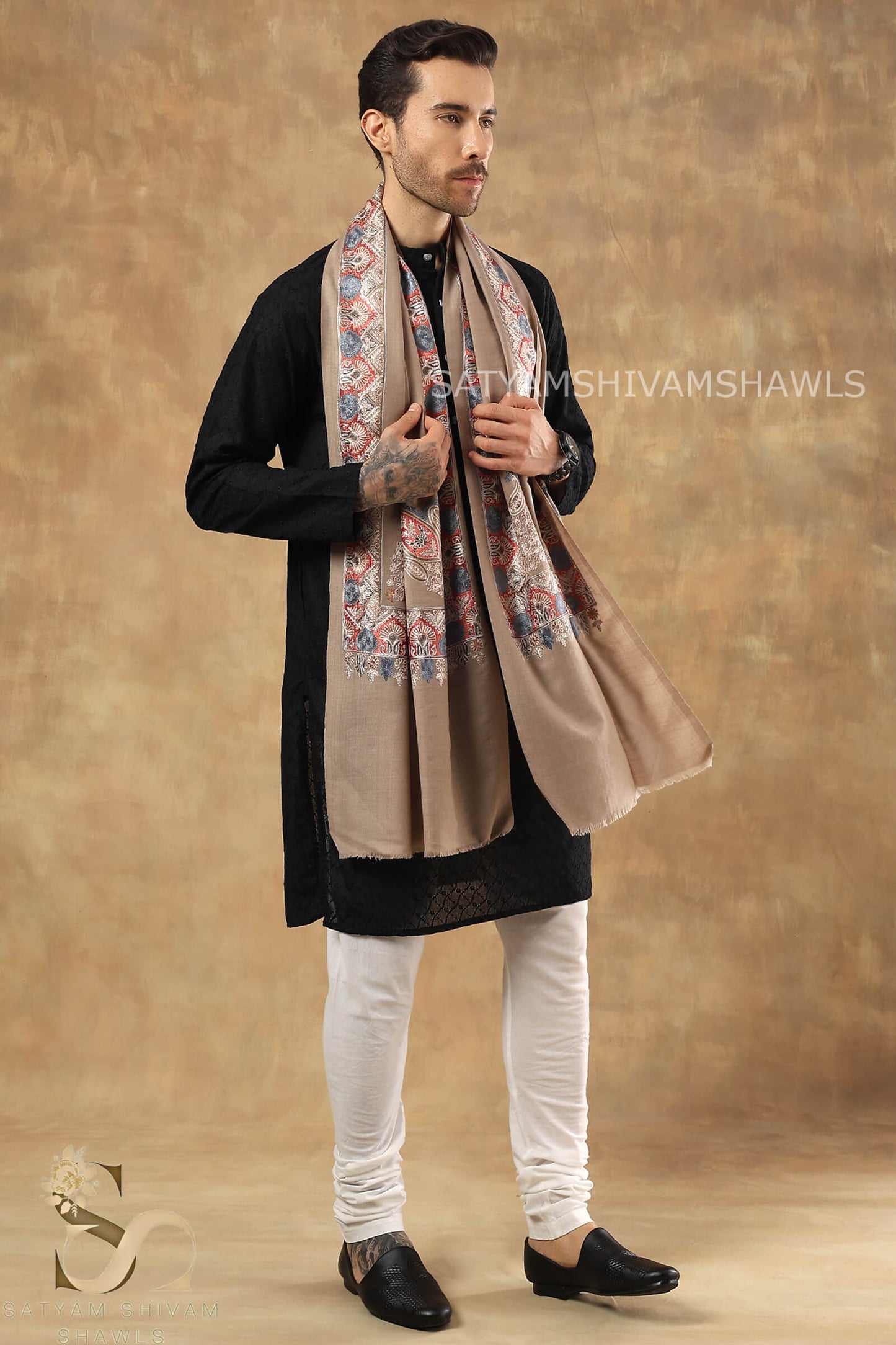 VINTAGE KASHMIRI BORDER KUNJ MENS ,STOLE,TOOSH COLOUR