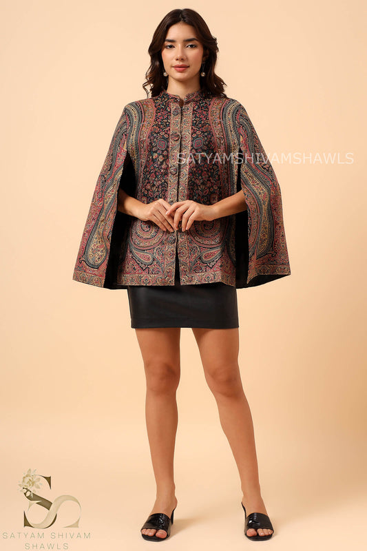 MAHEEN KASHMIRI KANI PAISLEY DESIGN CAPE ,BLACK