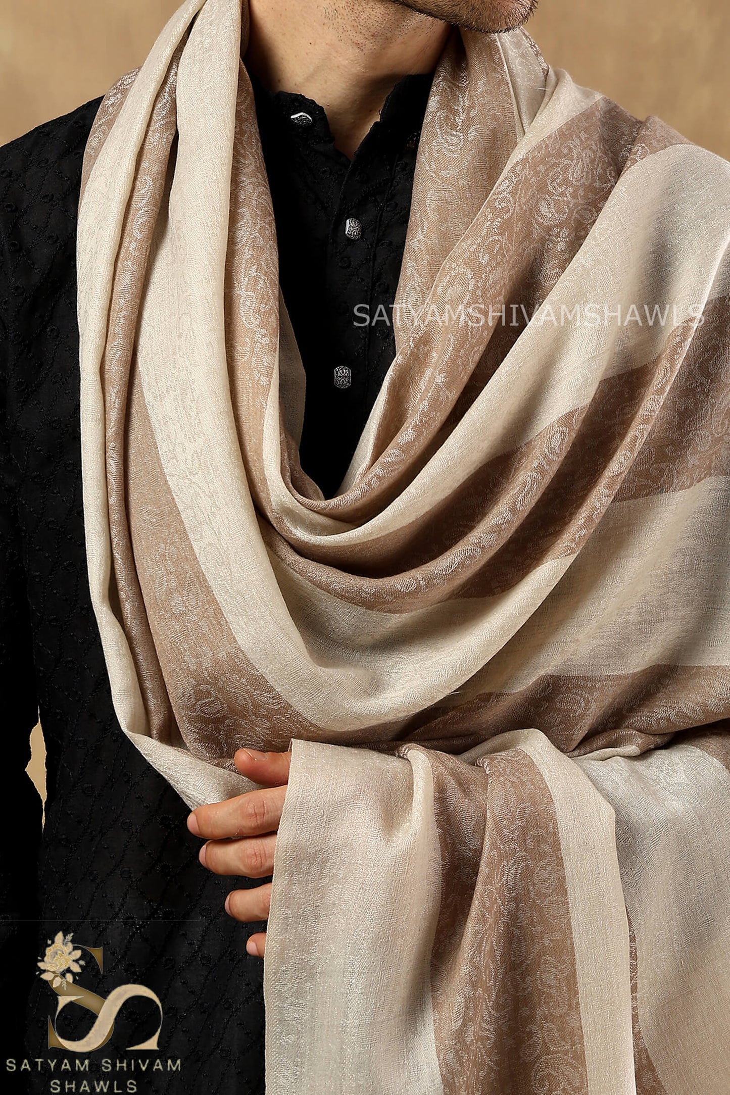 ROYAL LUXURY PASHMINA RING PASS GENTS LOHI KASHMIRI AUTHENTIC SELF STRIPS DESIGN , SKIN CAMEL COLOUR