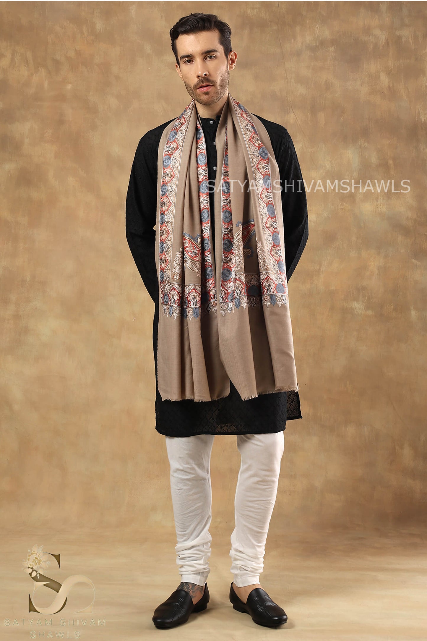 VINTAGE KASHMIRI BORDER KUNJ MENS ,STOLE,TOOSH COLOUR