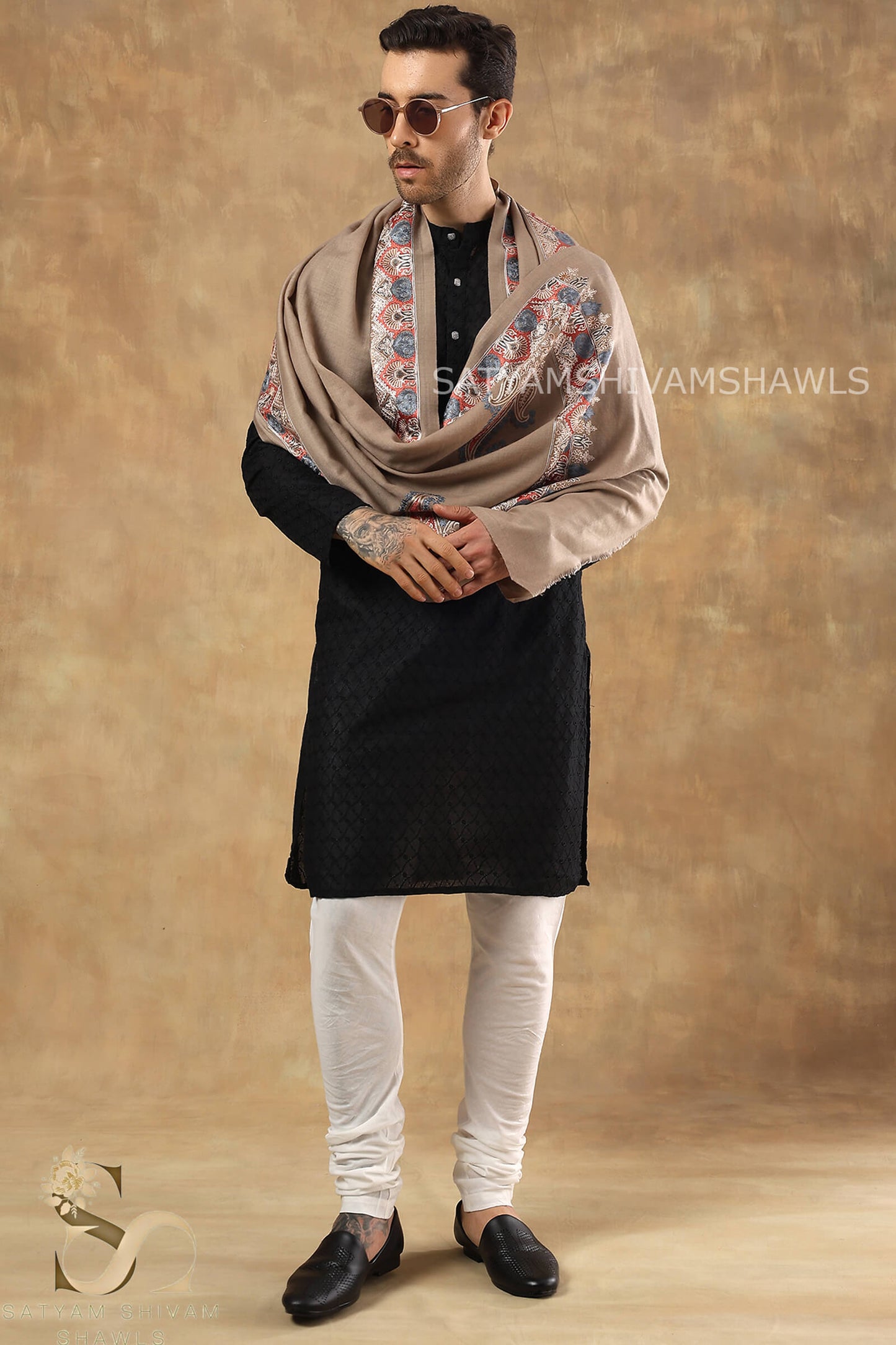 VINTAGE KASHMIRI BORDER KUNJ MENS ,STOLE,TOOSH COLOUR