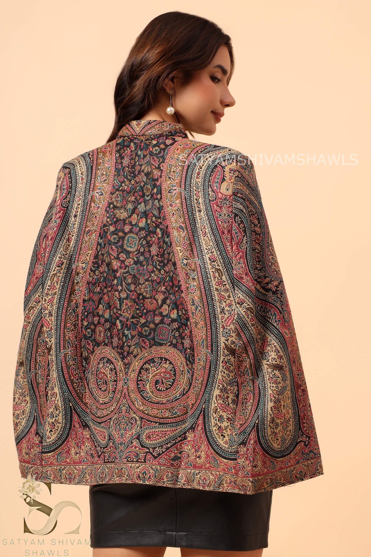 MAHEEN KASHMIRI KANI PAISLEY DESIGN CAPE ,BLACK