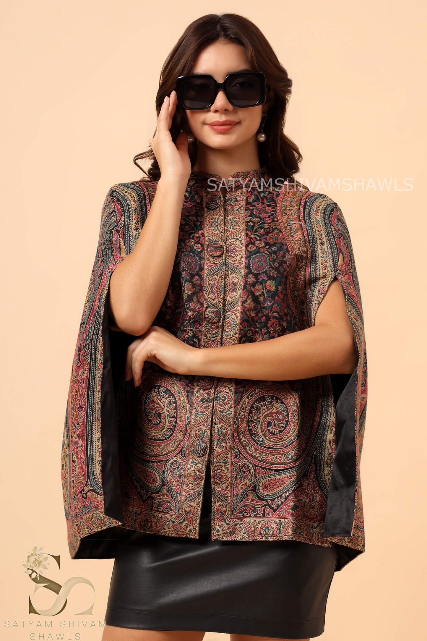 MAHEEN KASHMIRI KANI PAISLEY DESIGN CAPE ,BLACK