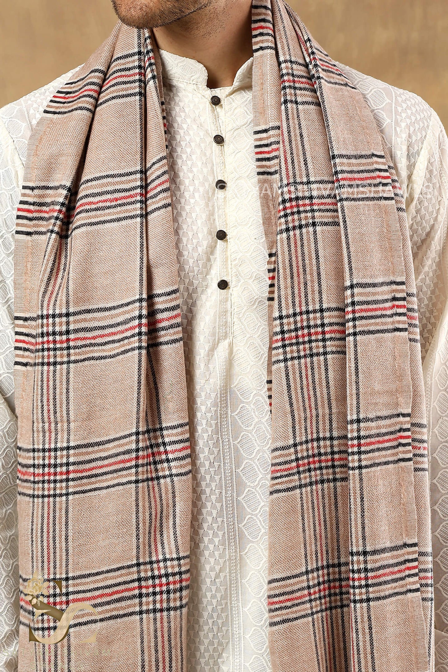 LUXURY TWEED CHECK WOOL MENS STOLE,SKIN