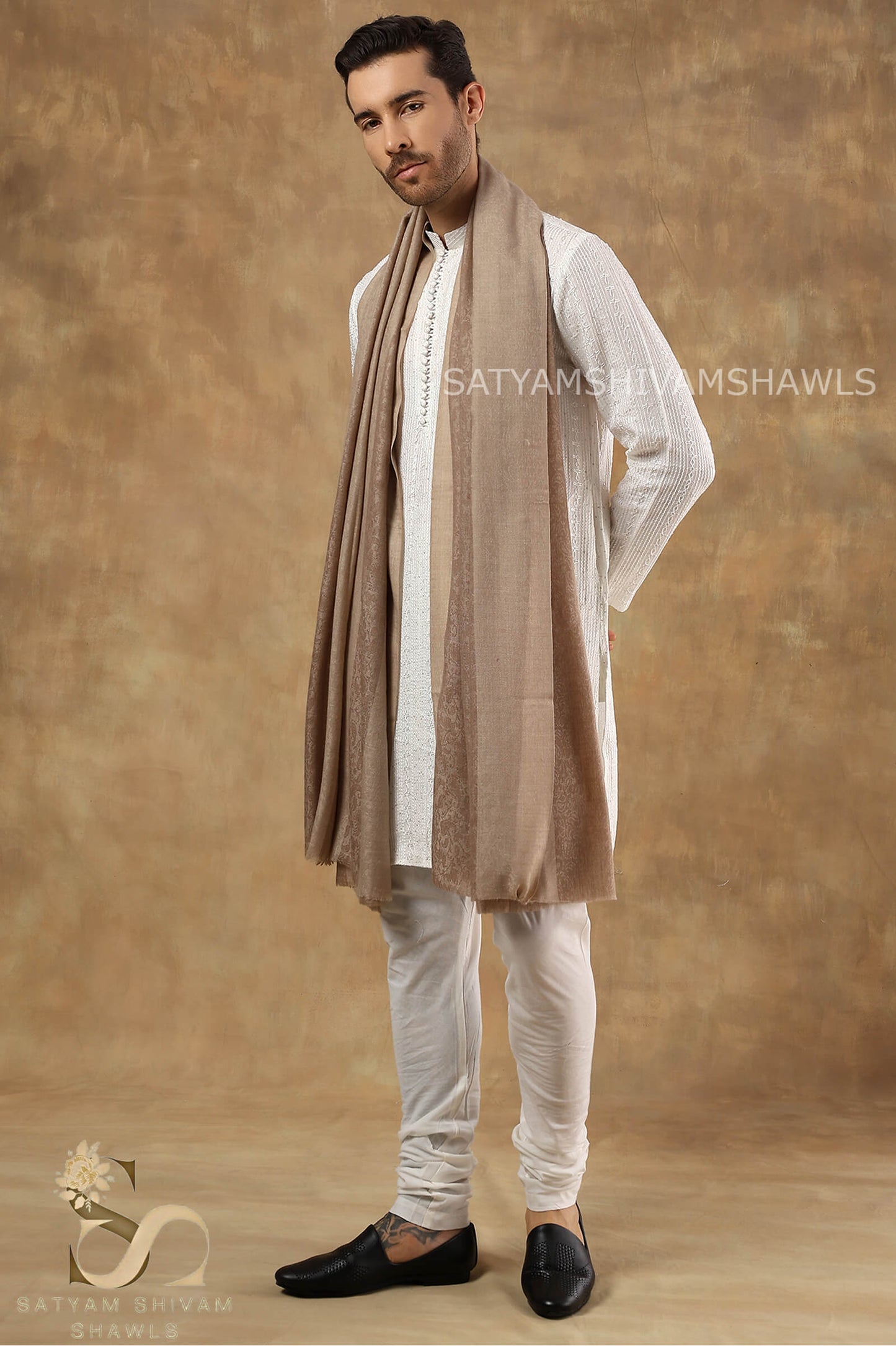 ROYAL LUXURY PASHMINA RING PASS GENTS LOHI KASHMIRI ARABIC MIST  STRIPS DESIGN , SKIN CAMEL COLOUR