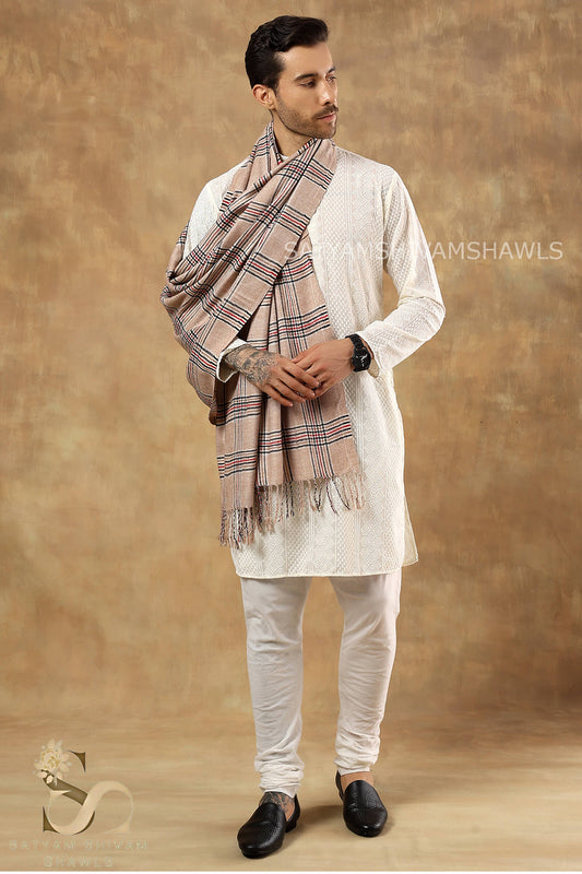 LUXURY TWEED CHECK WOOL MENS STOLE,SKIN