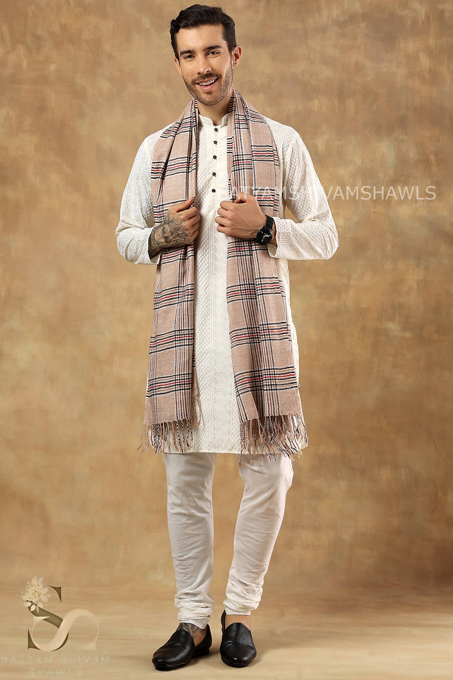 LUXURY TWEED CHECK WOOL MENS STOLE,SKIN
