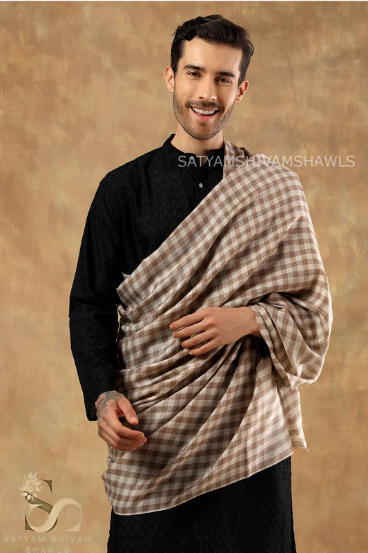 ROYAL LUXURY PASHMINA GENTS LOHI MIST CHECK DESIGN ,CAMEL SKIN,FULL SIZE