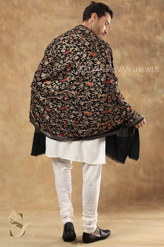 "SHIKAAR-E-KASHMIR" TILLA EMBROIDERY FINE PASHMINA WOOL MENS SHAWLS , WARM AND SOFT,BLACK