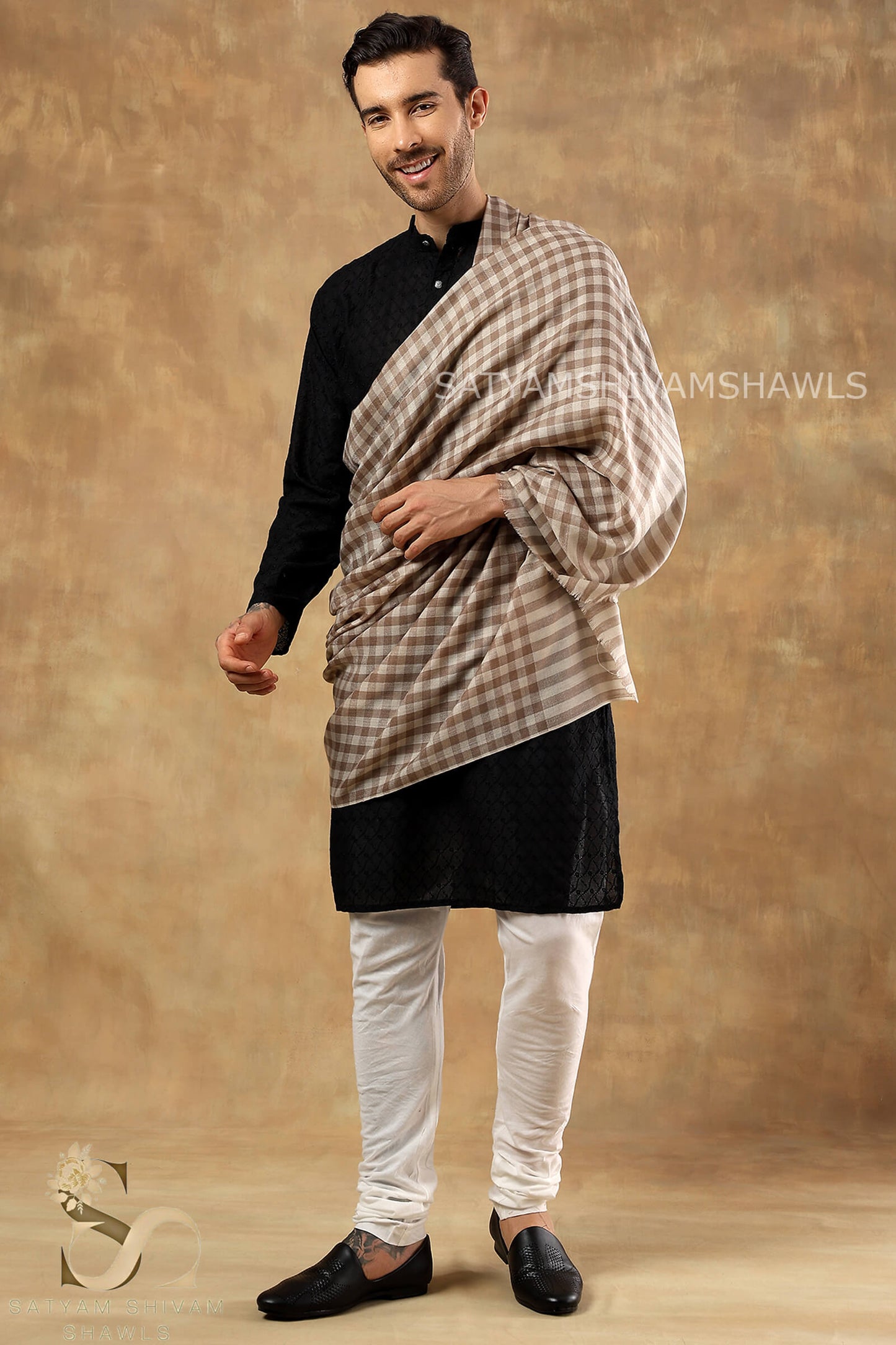 ROYAL LUXURY PASHMINA GENTS LOHI MIST CHECK DESIGN ,CAMEL SKIN,FULL SIZE