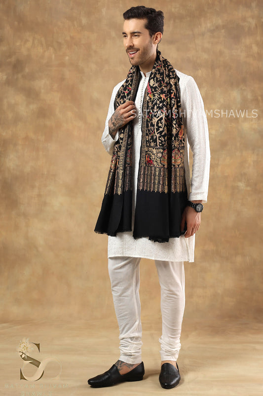 "SHIKAAR-E-KASHMIR" TILLA EMBROIDERY FINE PASHMINA WOOL MENS STOLE , WARM AND SOFT,BLACK