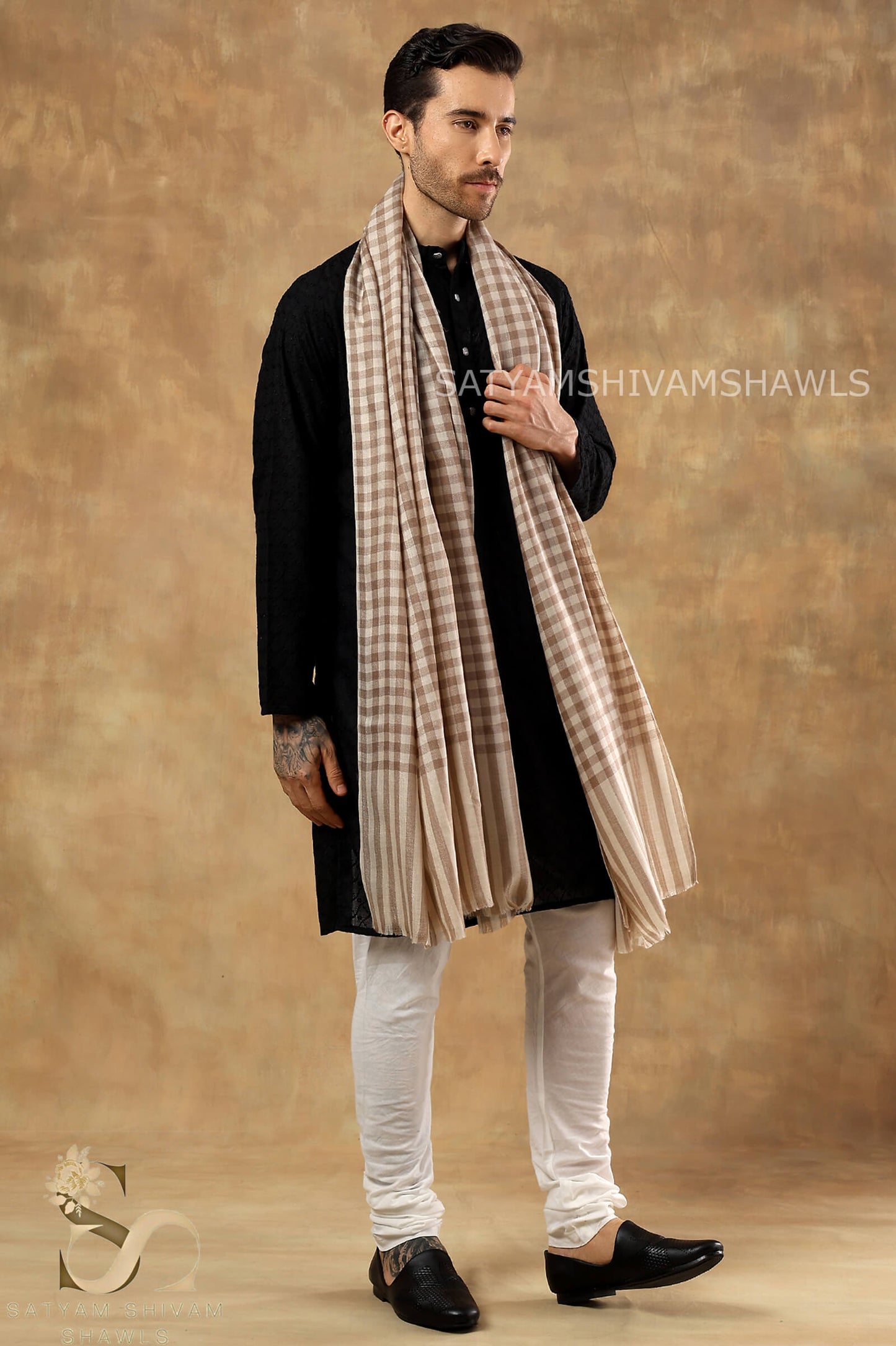 HIS AND HER GIFT BOX SET OF MENS WITH FINE PASHMINA CHECK SHAWL & WOMEN FINE WOOL EMBROIDERY STOLE