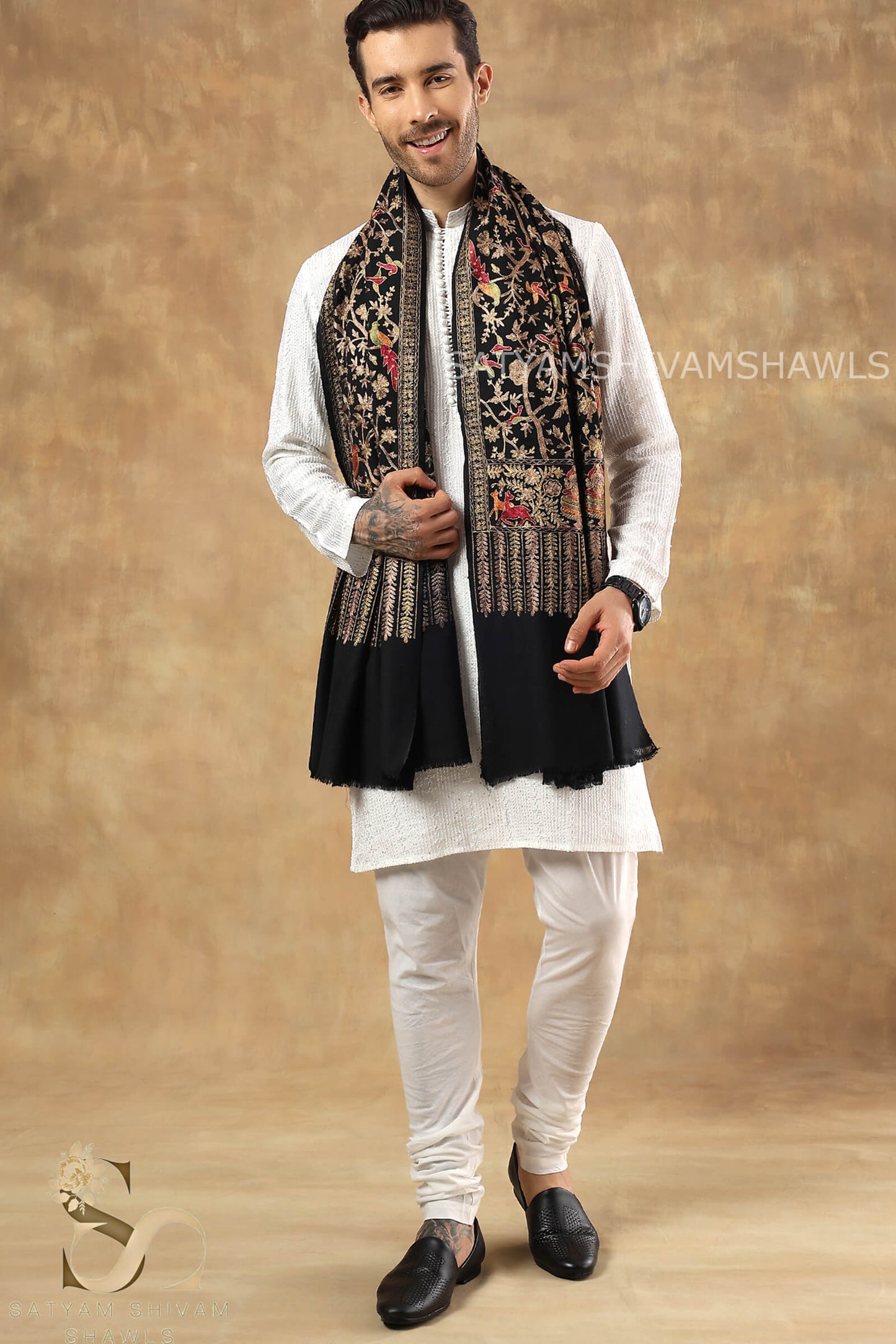 "SHIKAAR-E-KASHMIR" TILLA EMBROIDERY FINE PASHMINA WOOL MENS SHAWLS , WARM AND SOFT,BLACK