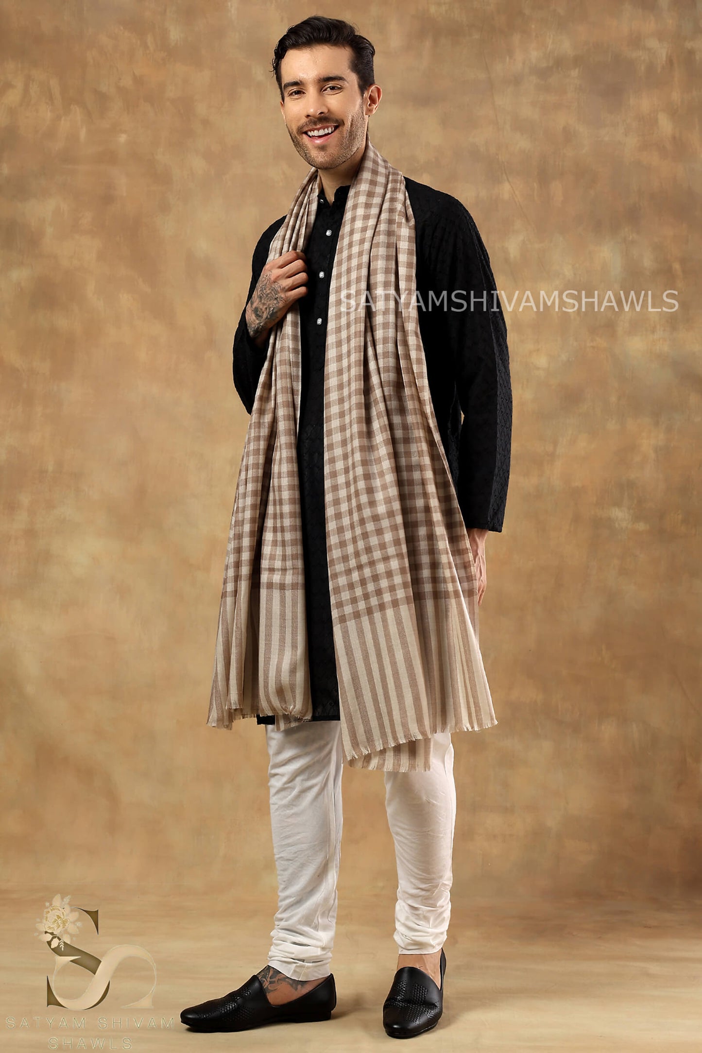 ROYAL LUXURY PASHMINA GENTS LOHI MIST CHECK DESIGN ,CAMEL SKIN,FULL SIZE