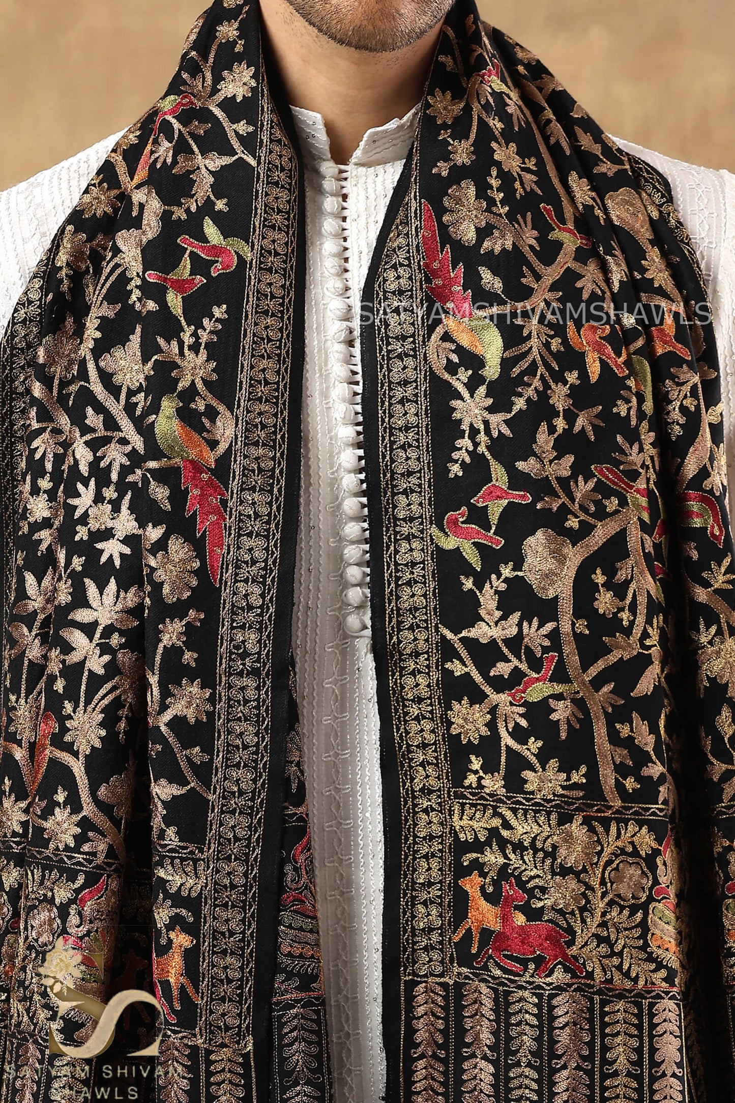 "SHIKAAR-E-KASHMIR" TILLA EMBROIDERY FINE PASHMINA WOOL MENS SHAWLS , WARM AND SOFT,BLACK